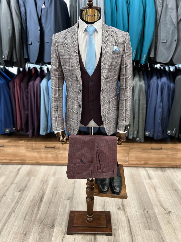 Костюм MAZALTOVMAN 3-ка премиум Бордовый в клетку комбинированный